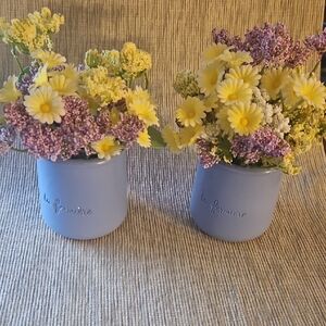 Lavender & Yellow Floral Arrangement in Blue La Fermeire Ceramic Jars.